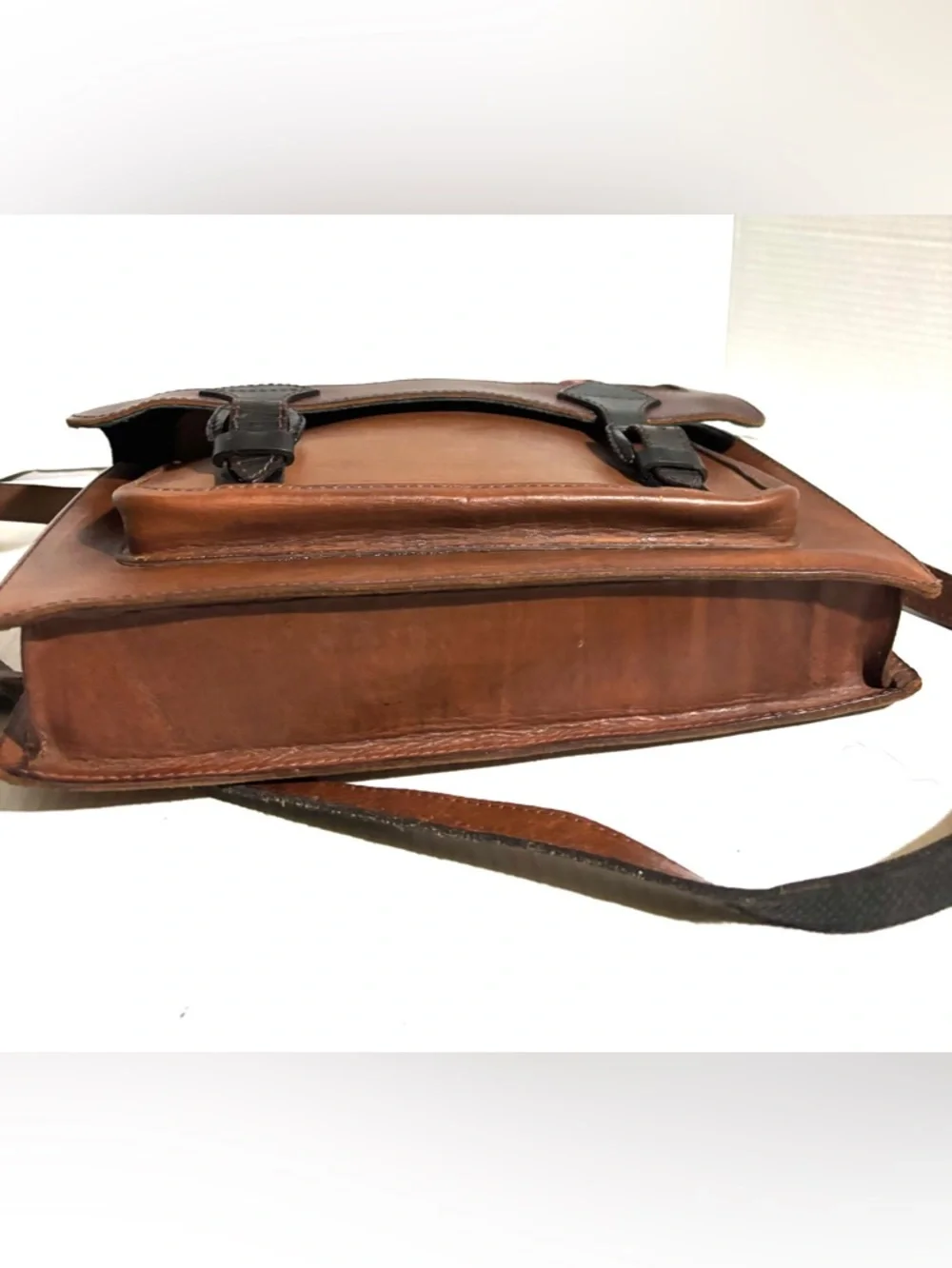 Vintage unisex Brown Leather Messenger Bag with Multicolor Woven Panel